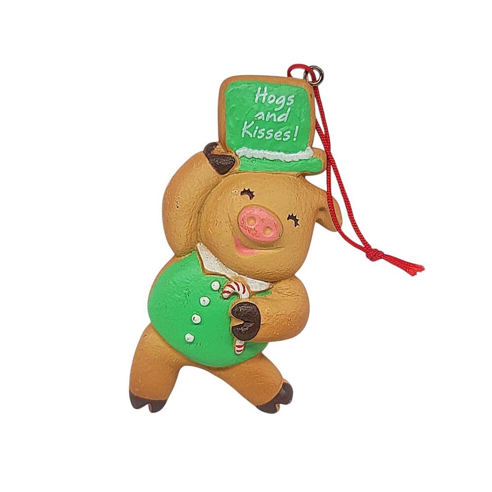 Vintage 1988 Hallmark Cards Ornament Hogs and Kisses Pig in Green Top Hat CL23